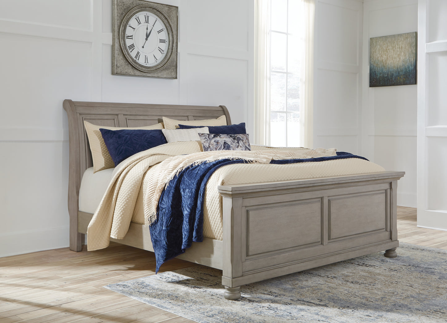 Haines Furniture Outlet - Ashley Furniture - Lettner Bedroom - King Sleigh Bed / Light Gray - B733B34
