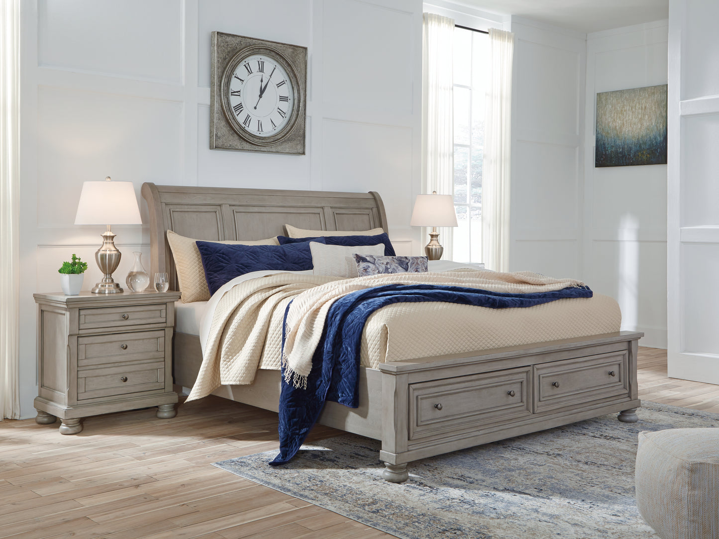 Haines Furniture Outlet - Ashley Furniture - Lettner Bedroom - Queen Sleigh Bed with 2 Storage Drawers / Light Gray - B733B3