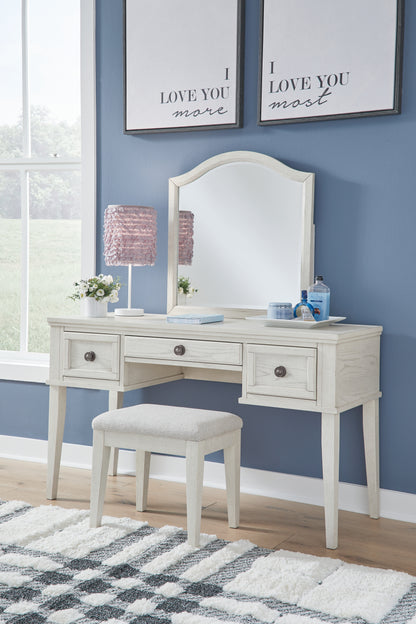 Haines Furniture Outlet - Ashley Furniture - Robbinsdale Mirrored Vanity with Bench - Mirrored Vanity with Bench / Antique White - B742B11