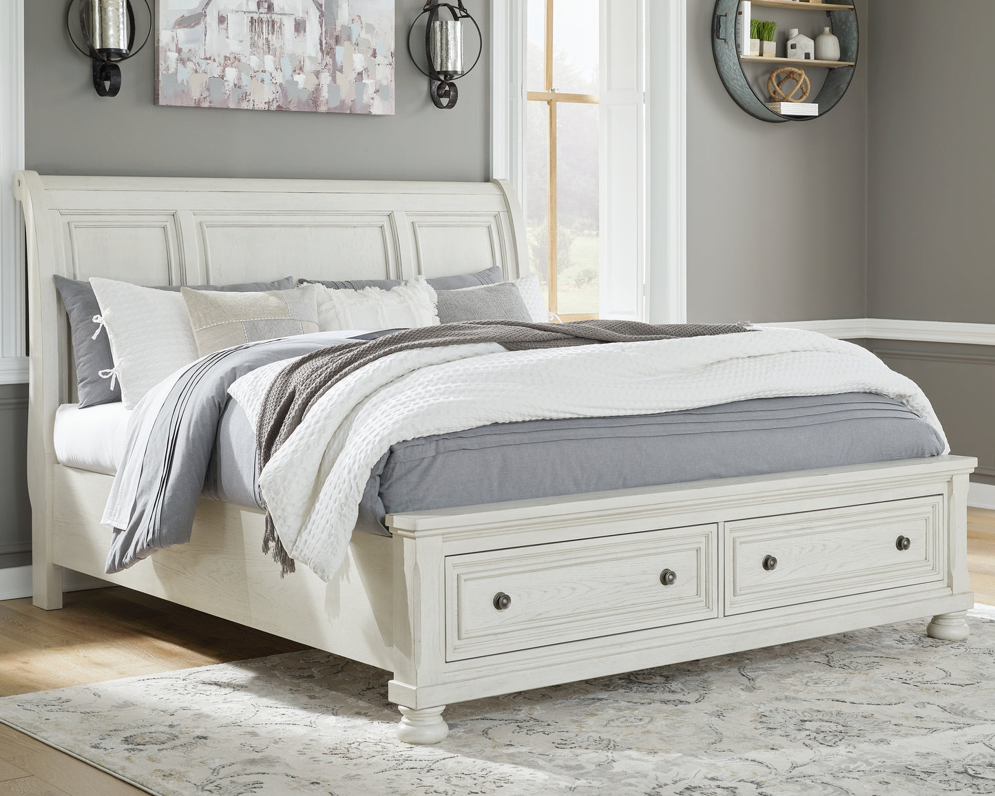 Haines Furniture Outlet - Ashley Furniture - Robbinsdale Bedroom - California King Sleigh Bed with Storage / Antique White - B742B9