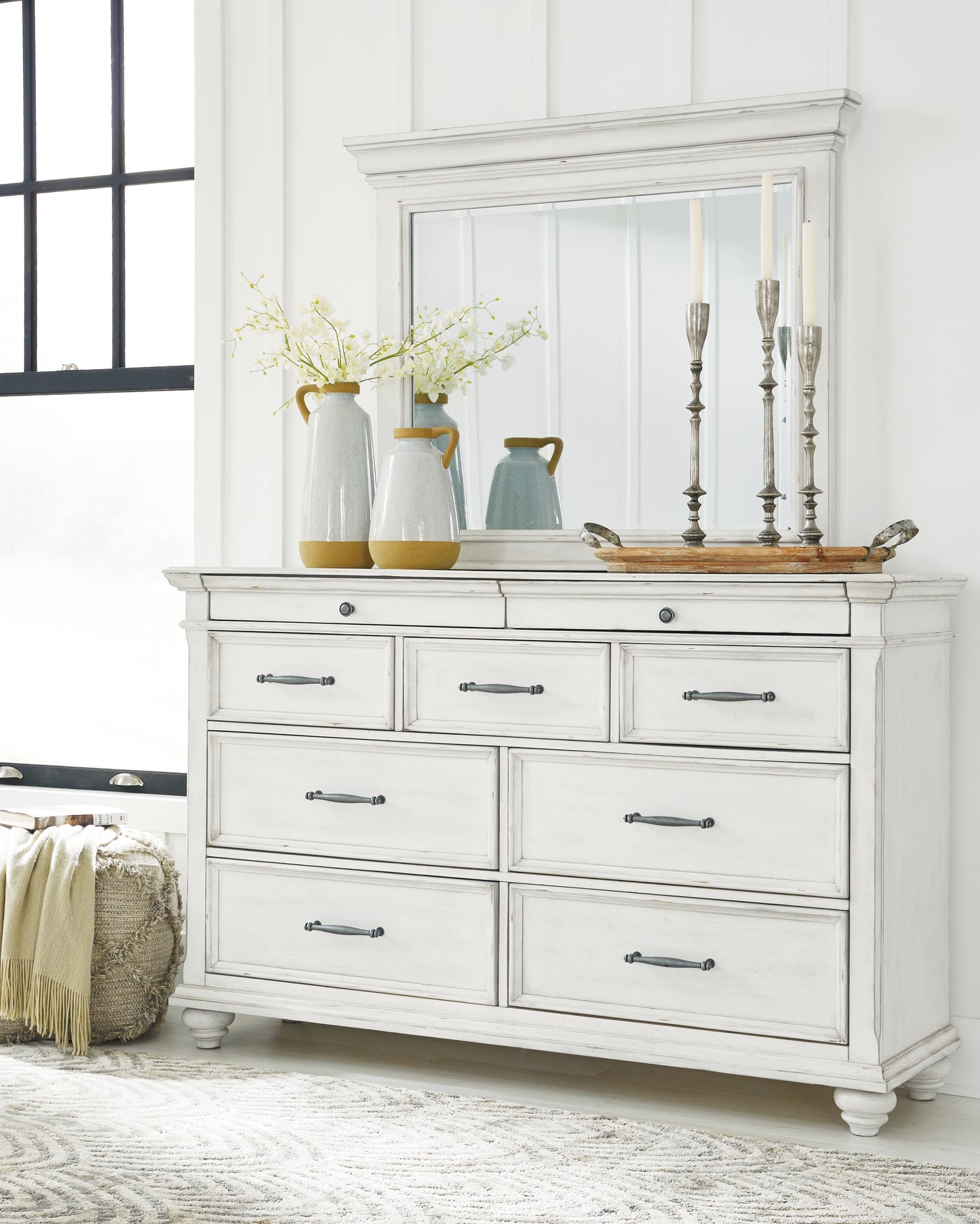 Haines Furniture Outlet - Ashley Furniture - Kanwyn Bedroom - Dresser and Mirror / Whitewash - B777B1