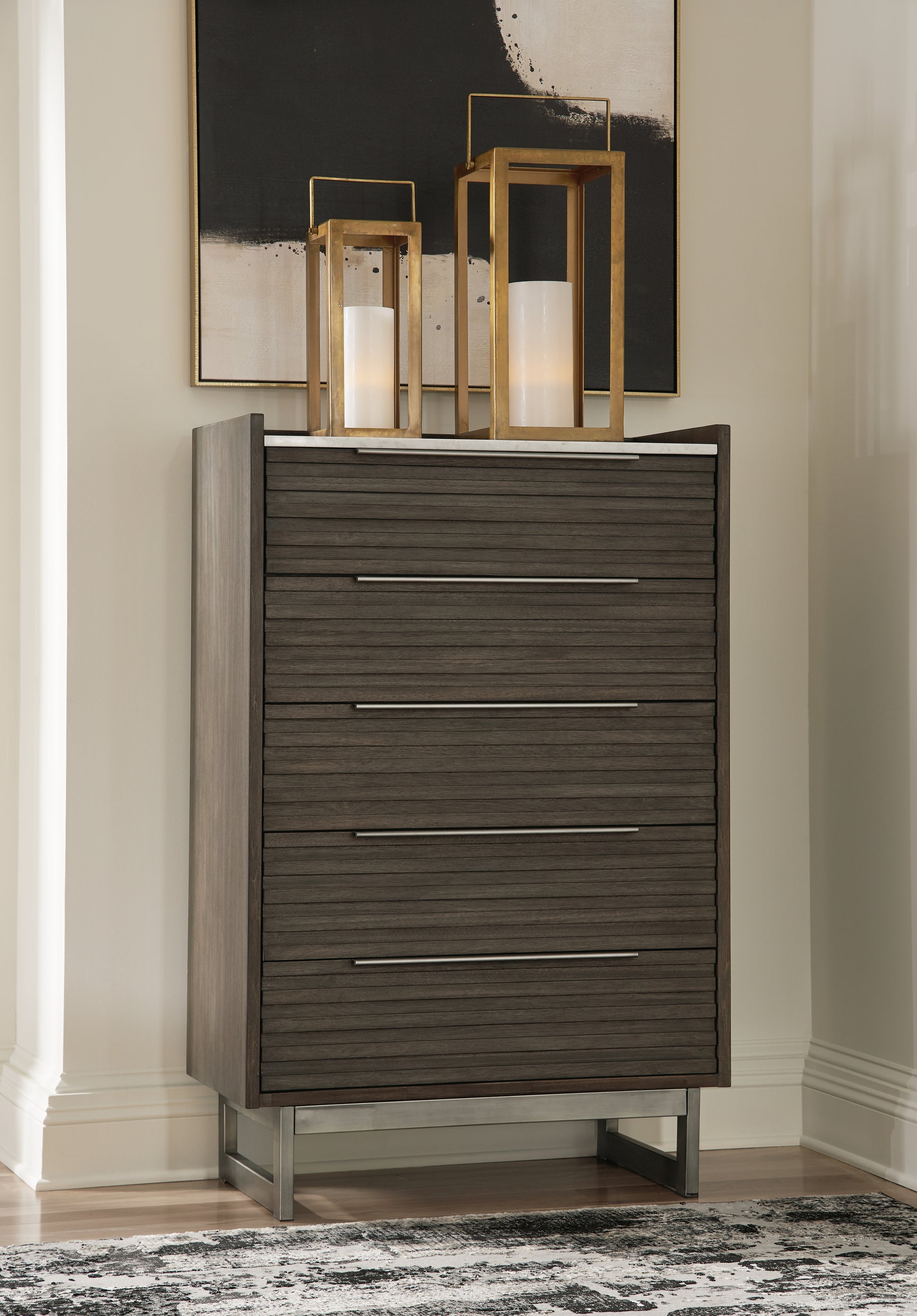 Haines Furniture Outlet - Ashley Furniture - Arkenton Bedroom - Five Drawer Chest / Grayish Brown/White - B786-46