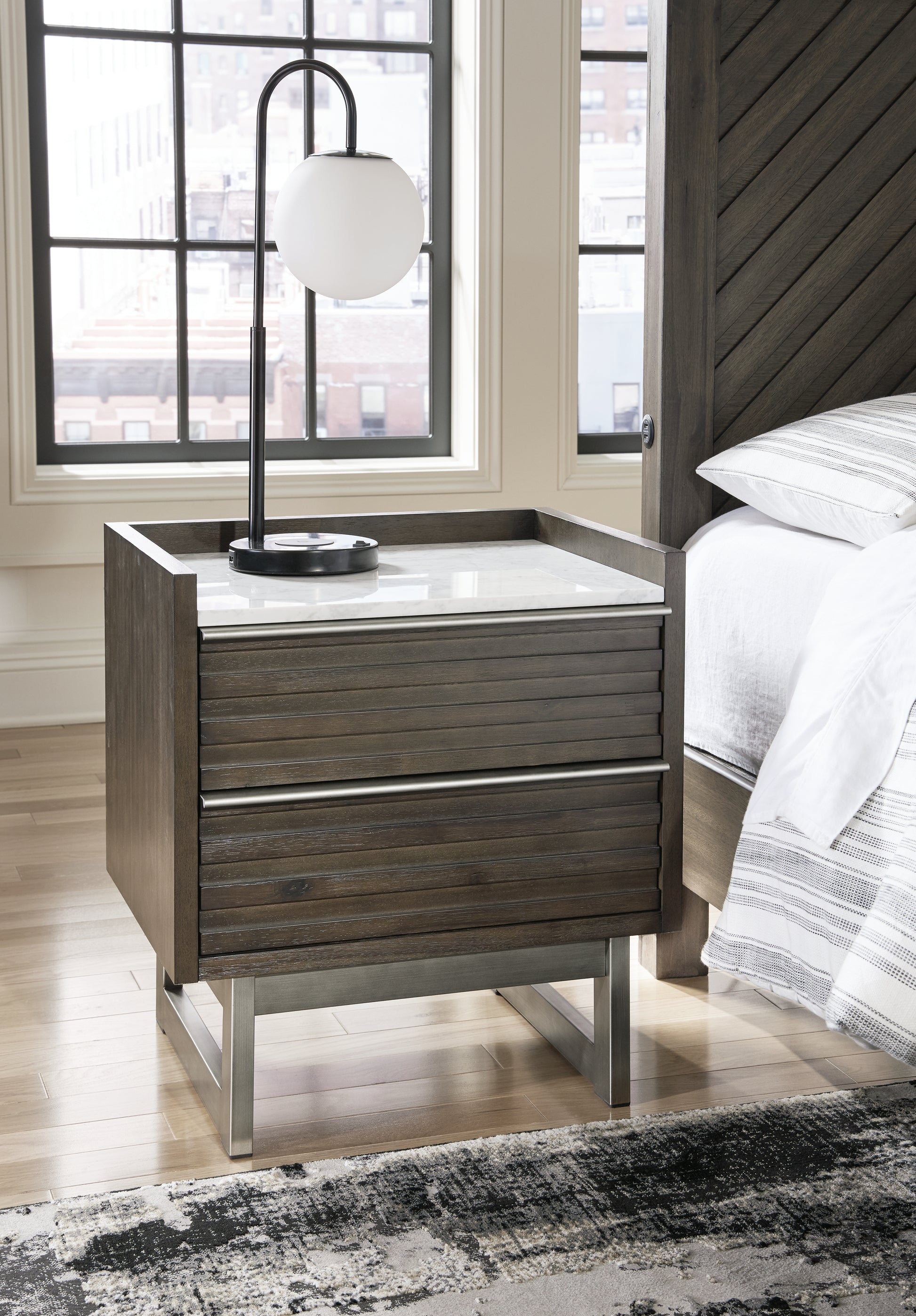 Haines Furniture Outlet - Ashley Furniture - Arkenton Bedroom - Two Drawer Night Stand / Grayish Brown/White - B786-92