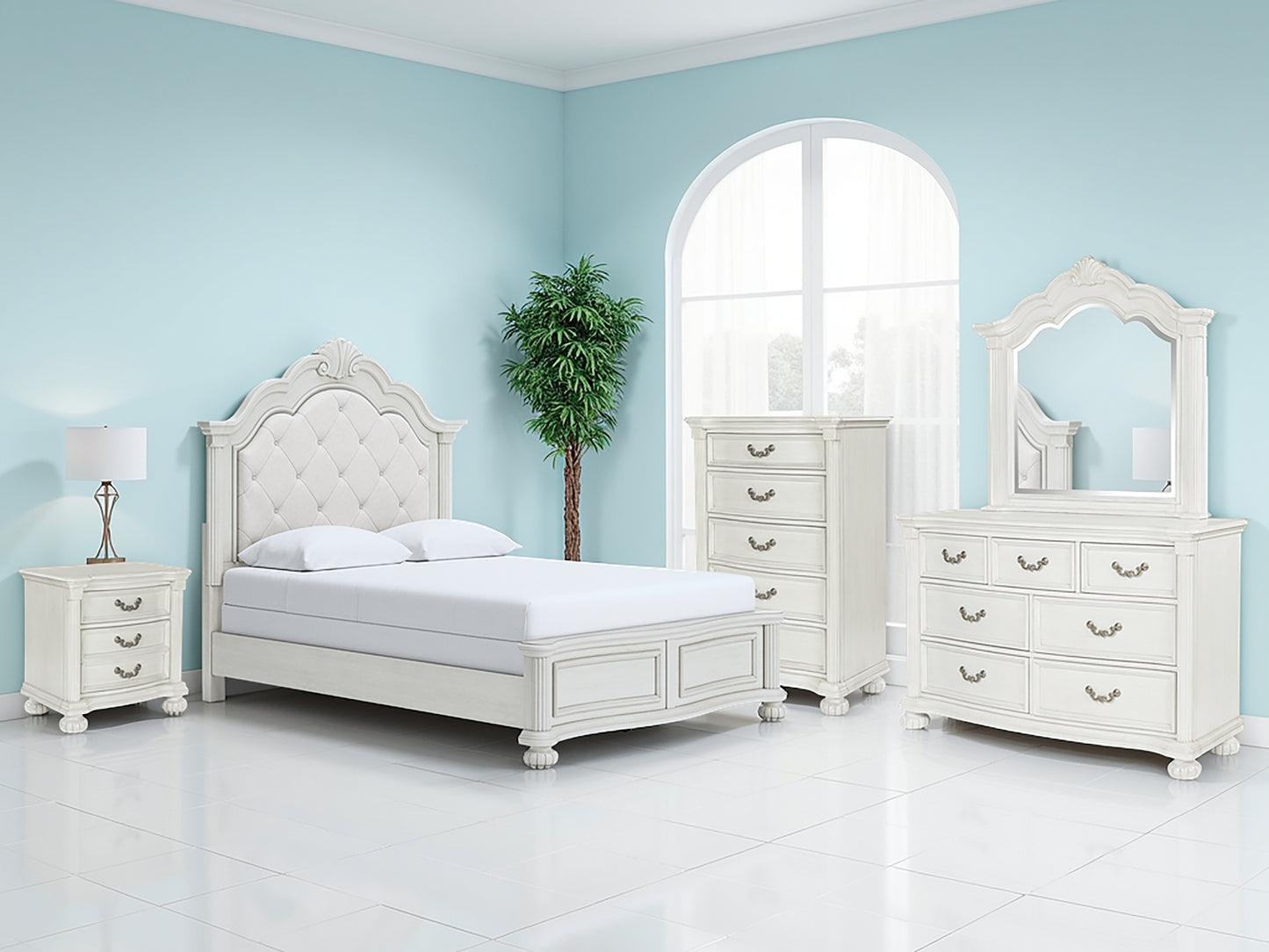 Haines Furniture Outlet - Ashley Furniture - Montelaine Bedroom - Queen Upholstered Panel Bed / Antique White - B795B2