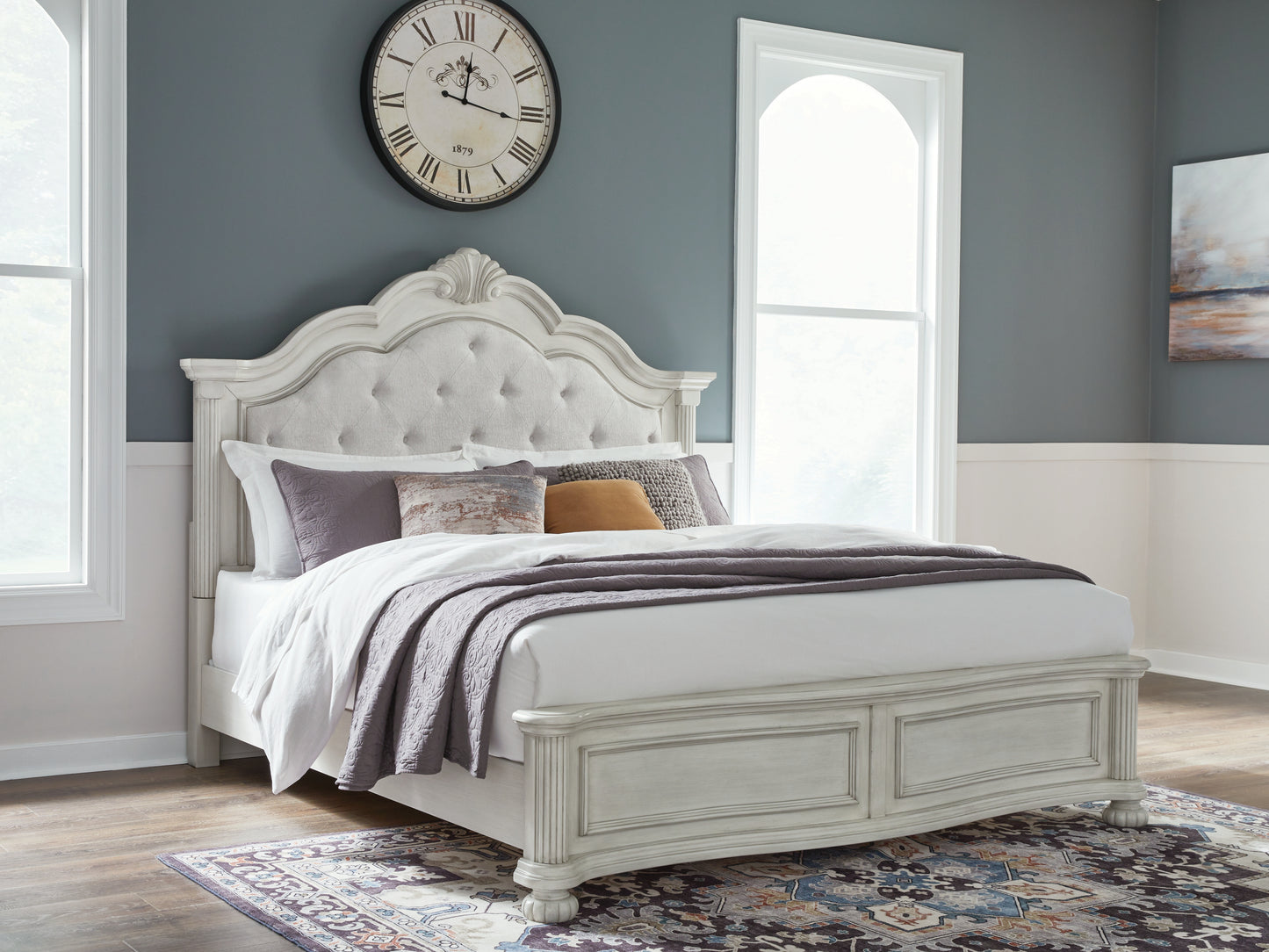 Haines Furniture Outlet - Ashley Furniture - Montelaine Bedroom - California King Upholstered Panel Bed / Antique White - B795B7