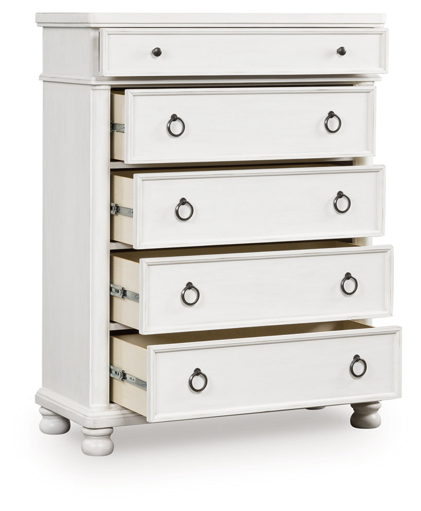Haines Furniture Outlet - Ashley Furniture - Rowlenstown Bedroom - Five Drawer Chest / Antique White - PCB823-46