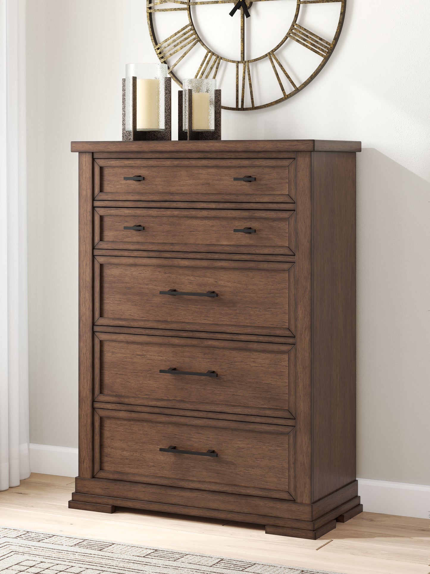 Haines Furniture Outlet - Ashley Furniture - Taffenbrook Bedroom - Five Drawer Chest / Medium Brown - B849-46