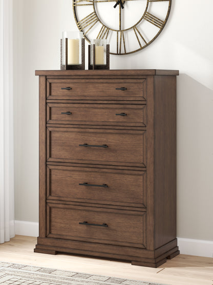 Haines Furniture Outlet - Ashley Furniture - Taffenbrook Bedroom - Five Drawer Chest / Medium Brown - B849-46