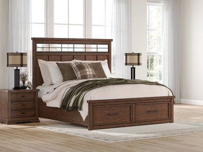 Haines Furniture Outlet - Ashley Furniture - Taffenbrook Bedroom - King Panel Storage Bed / Medium Brown - B849B4