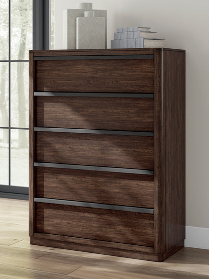 Haines Furniture Outlet - Ashley Furniture - Dilenno Bedroom - Five Drawer Chest / Dark Brown - PCB857-46