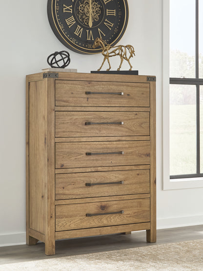 Haines Furniture Outlet - Ashley Furniture - Ridgester Bedroom - Five Drawer Chest / Light Brown - B858-46