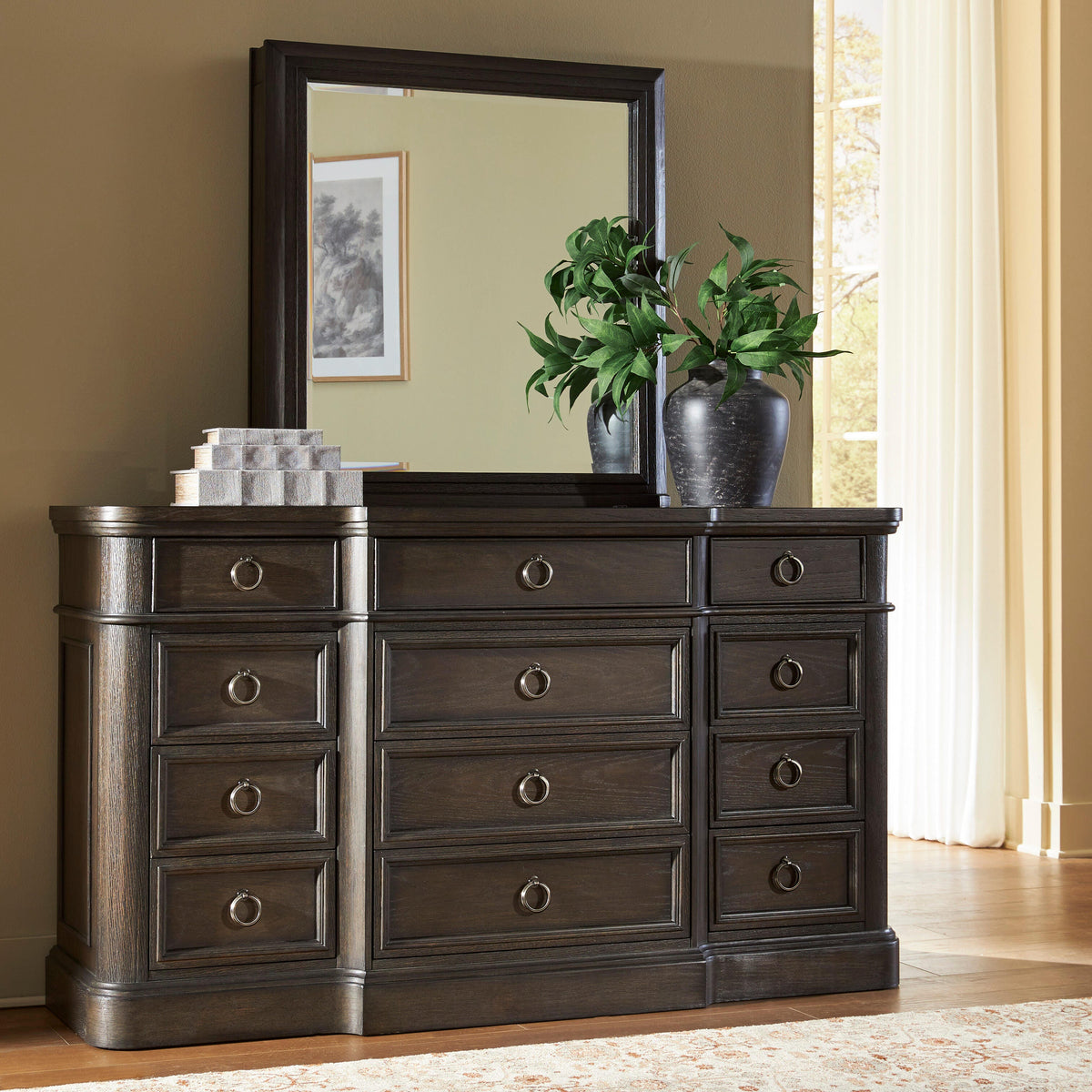 Haines Furniture Outlet - Ashley Furniture - Wickenger Bedroom - Dresser and Mirror / Dark Brown - PCB889B1
