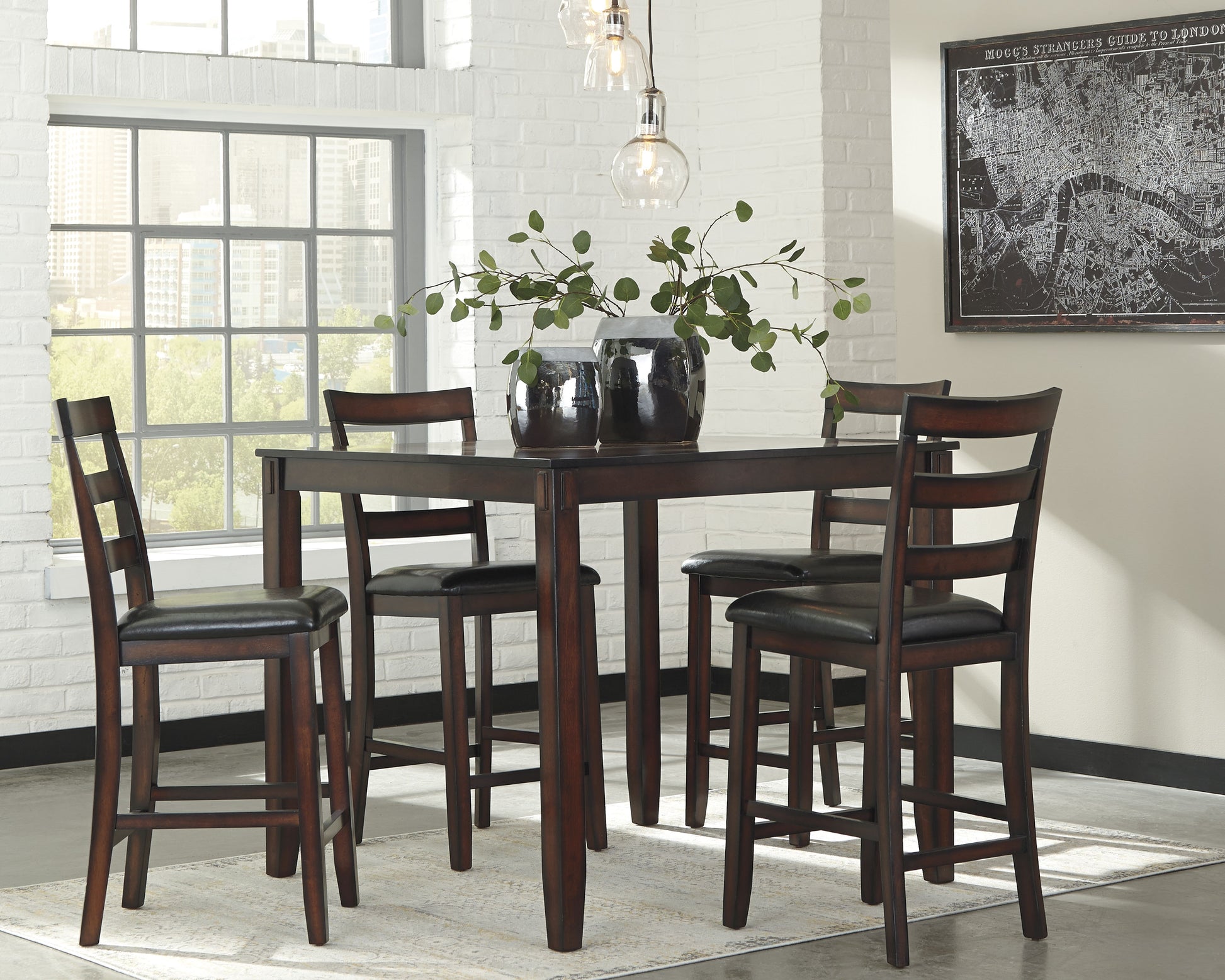 Haines Furniture Outlet - Ashley Furniture - Coviar Dining Room - DRM Counter Table Set (5/CN) / Brown - D385-223