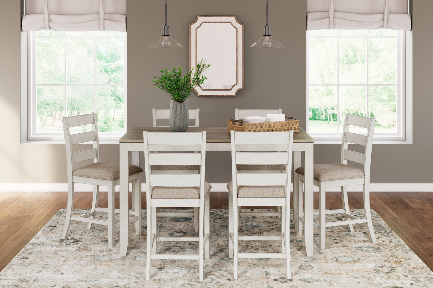 Haines Furniture Outlet - Ashley Furniture - Skempton Dining Room - RECT DRM Counter TBL Set(7/CN) / White/Light Brown - D394-423