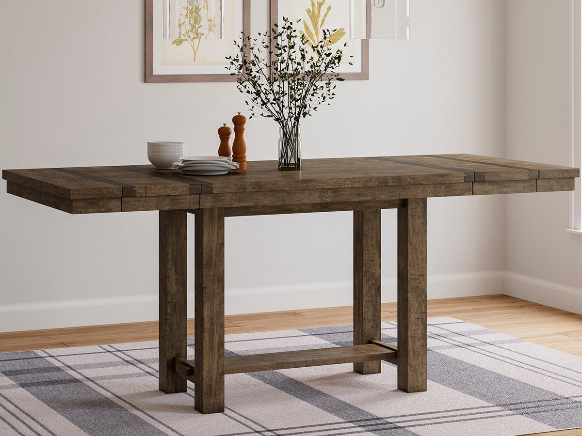 Haines Furniture Outlet - Ashley Furniture - Moriville Dining Room - RECT DRM Counter EXT Table / Grayish Brown / 36"W x 62/86"D x 36"H - D631-32