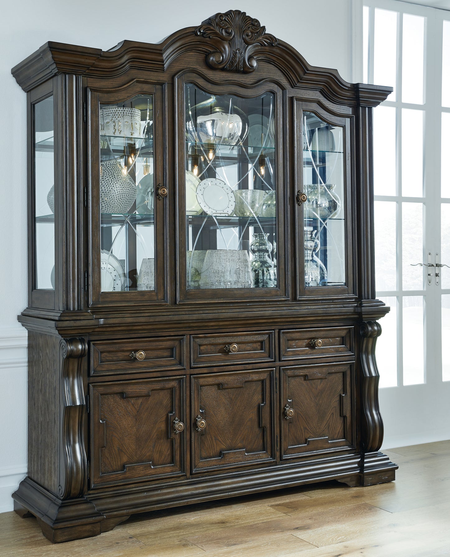 Haines Furniture Outlet - Ashley Furniture - Maylee Dining Room - Dining Buffet and Hutch / Dark Brown / 71.75"W x 20.75"D x 89.25"H - D947D1