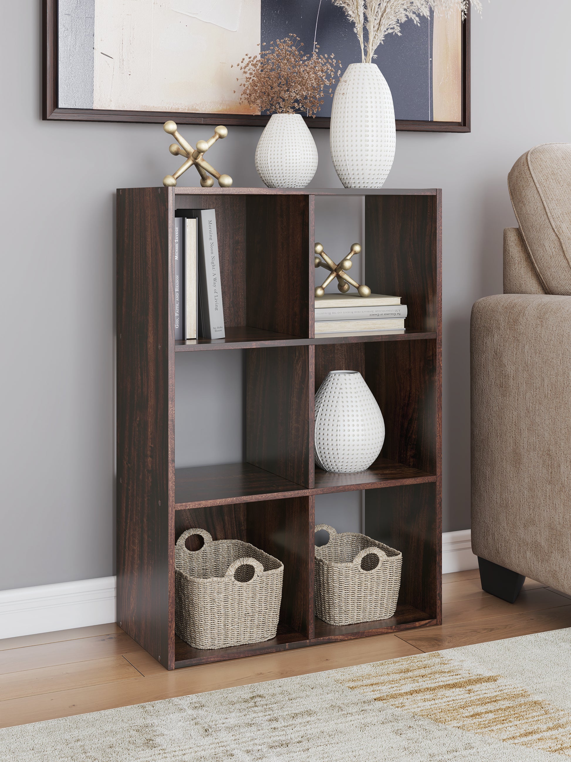 Haines Furniture Outlet - Ashley Furniture - Glosmount Six Cube Organizer - Six Cube Organizer / Cherry/Light Brown - EA1055-3X2