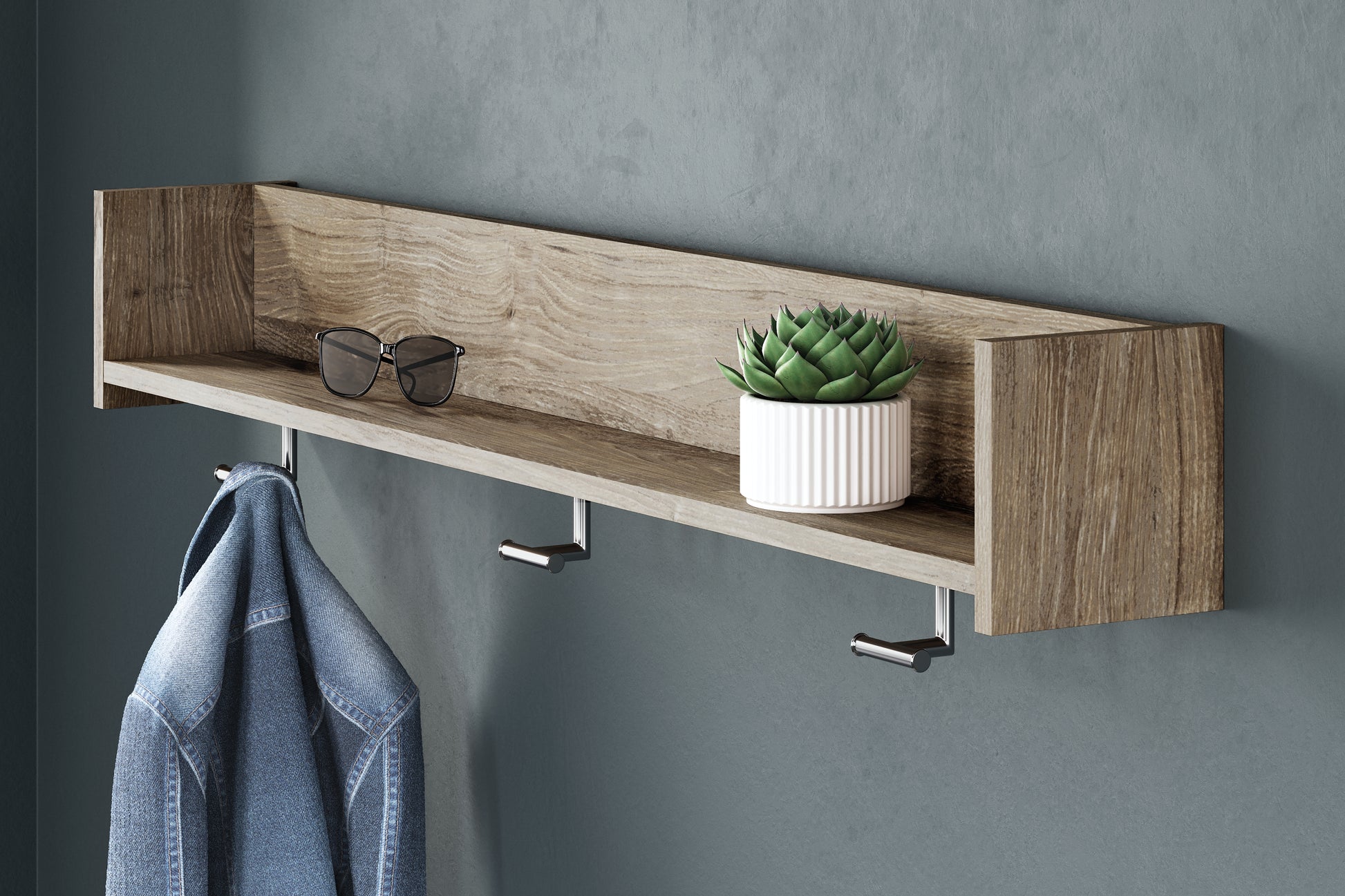 Haines Furniture Outlet - Ashley Furniture - Oliah Wall Decor - Wall Mounted Coat Rack w/Shelf / Natural - EA2270-151