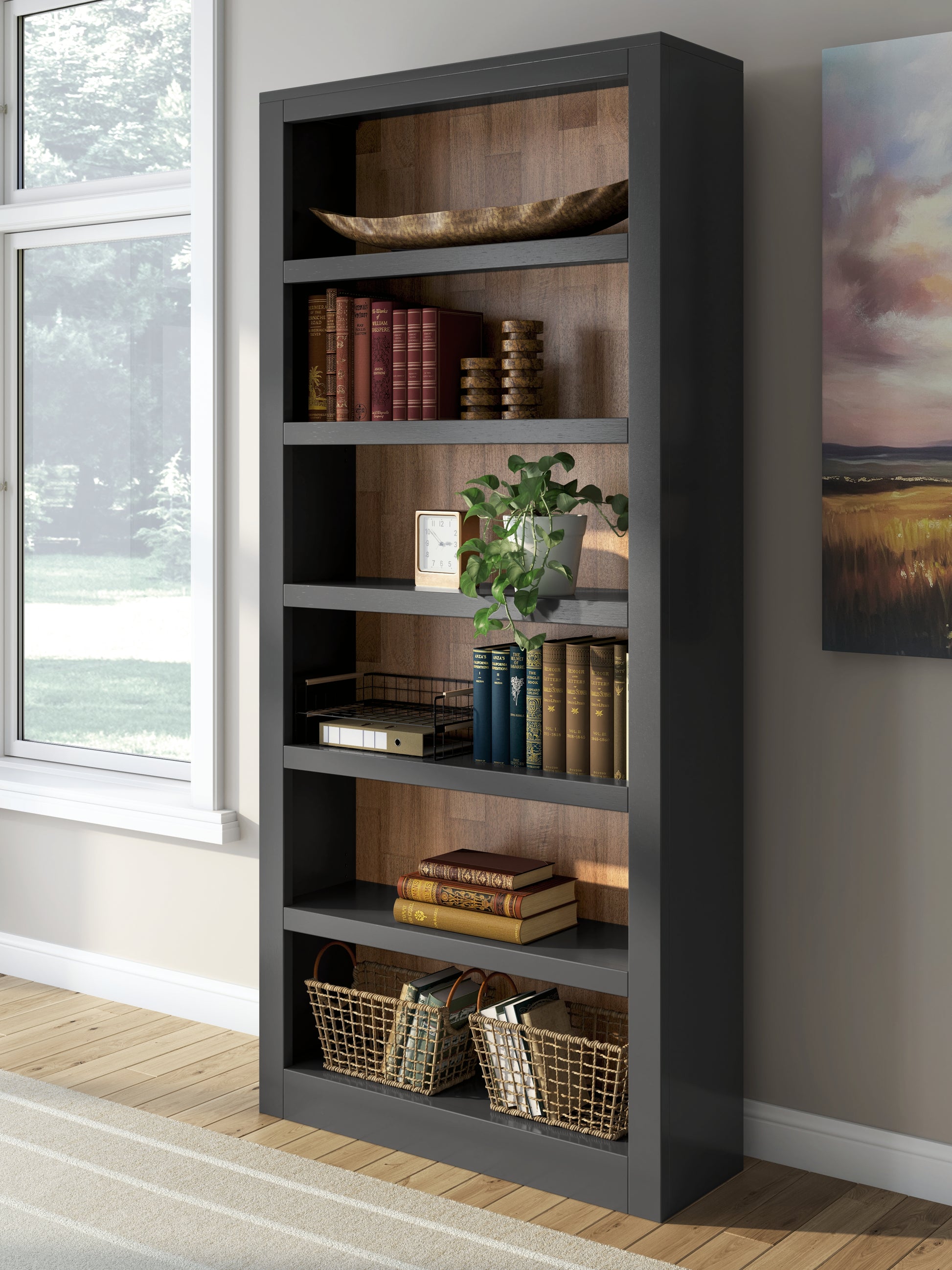 Haines Furniture Outlet - Ashley Furniture - Wildenauer Bookcase - Bookcase / Brown/Black - H664-70