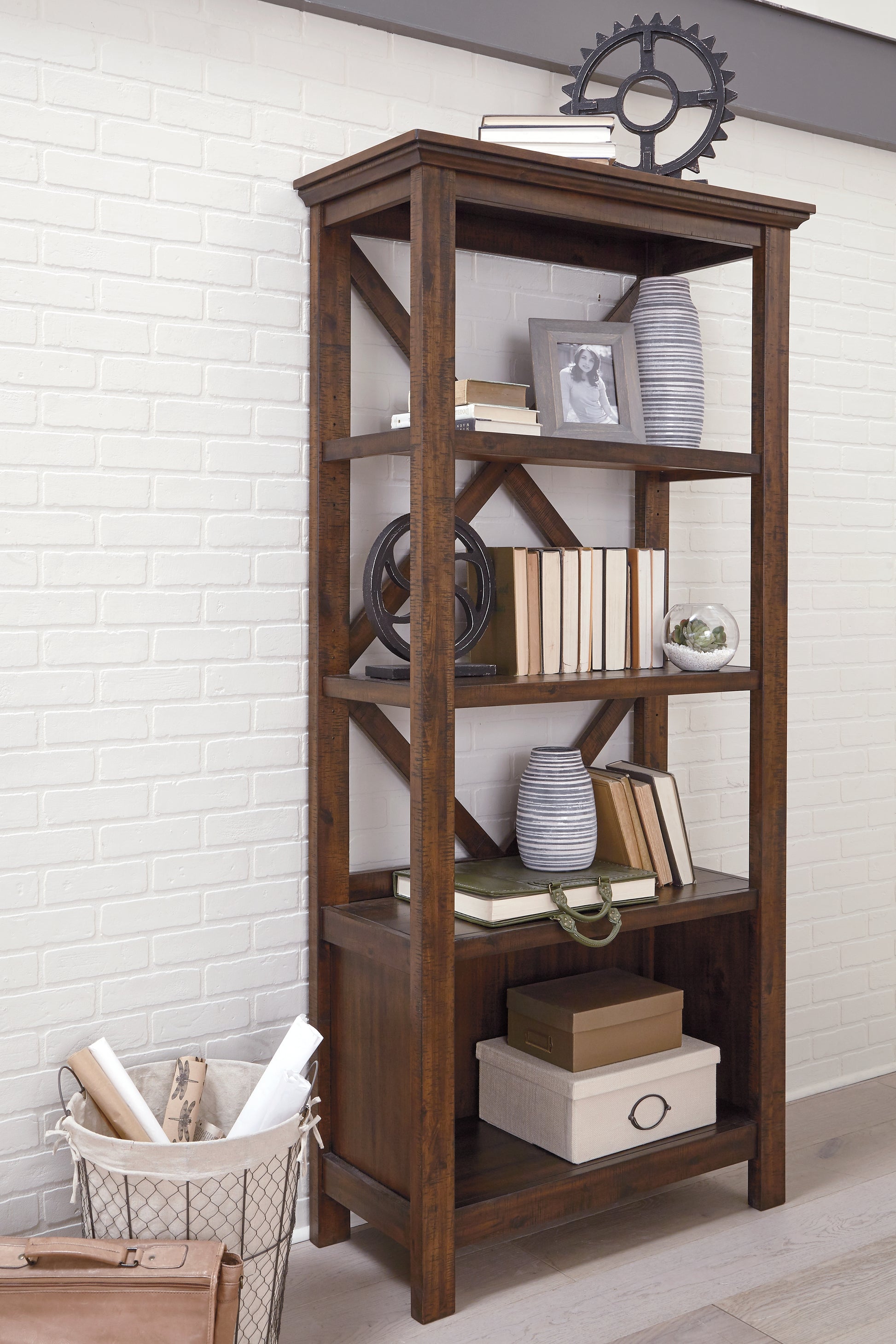 Haines Furniture Outlet - Ashley Furniture - Baldridge Bookcase - Large Bookcase / Rustic Brown - H675-17
