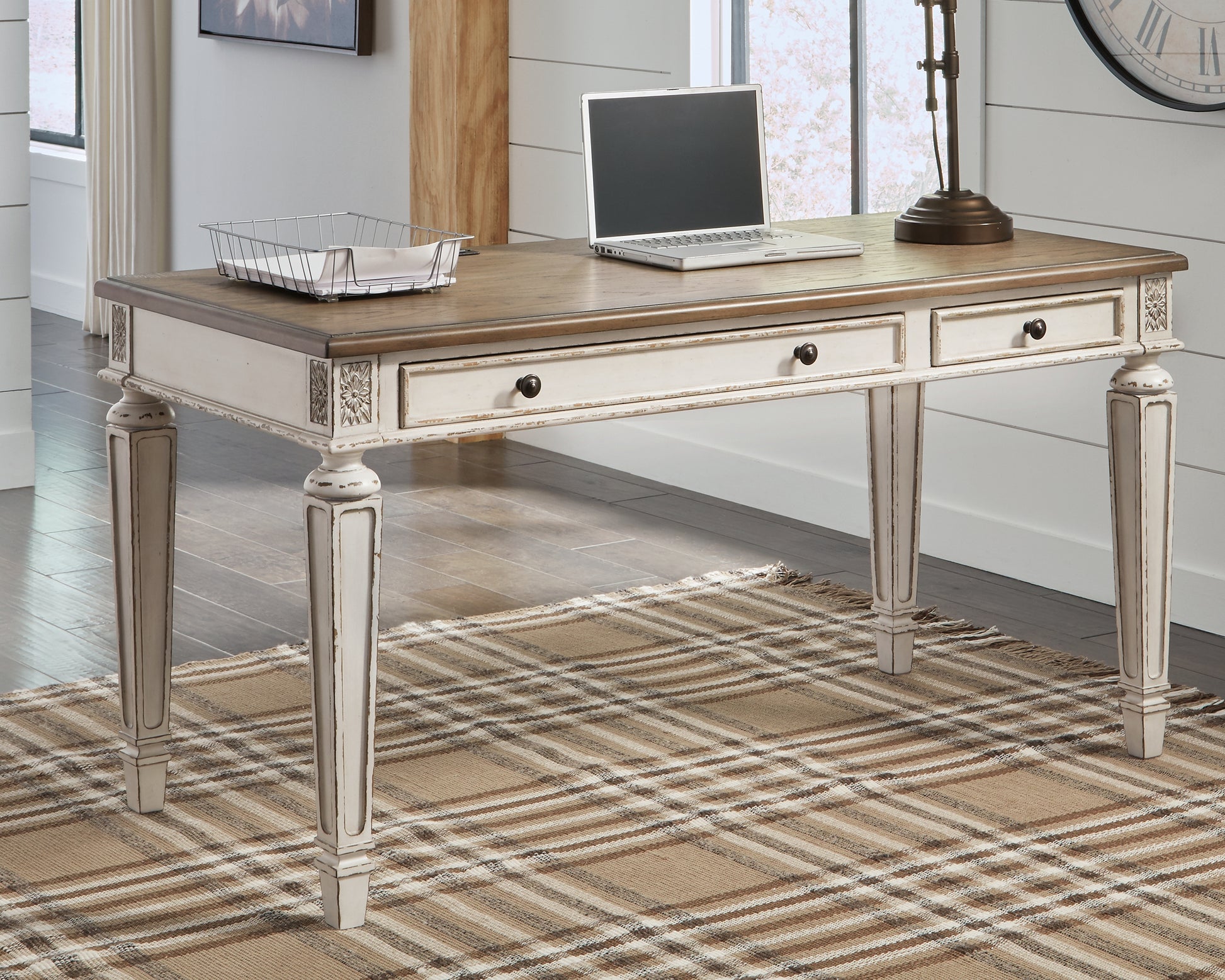 Haines Furniture Outlet - Ashley Furniture - Realyn Office Desk - Home Office Lift Top Desk / White/Brown - H743-134