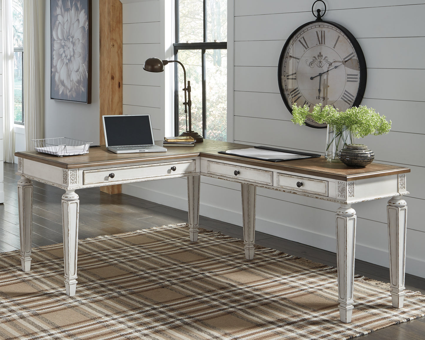 Haines Furniture Outlet - Ashley Furniture - Realyn Office Desk - 2-Piece Home Office Desk / White/Brown - H743H1
