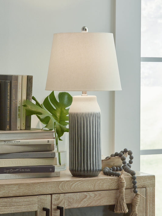 Haines Furniture Outlet - Ashley Furniture - Afener Lighting - Ceramic Table Lamp (Set of 2) / Blue/Beige - L177984