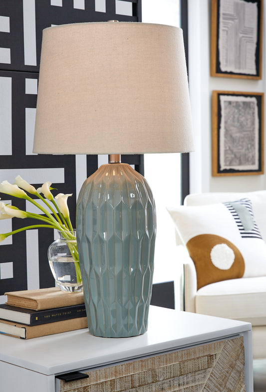 Haines Furniture Outlet - Ashley Furniture - Hadbury Lighting - Ceramic Table Lamp (Set of 2) / Pale Blue/Teal - L178034