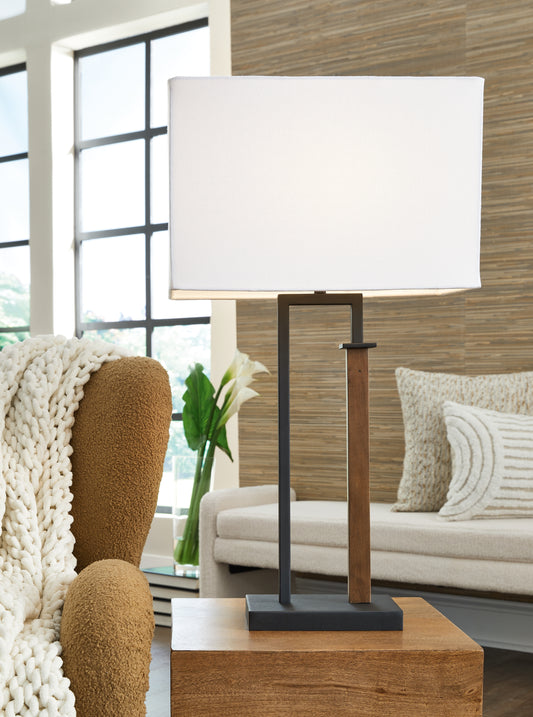 Haines Furniture Outlet - Ashley Furniture - Voslen Lighting - Metal Table Lamp (Set of 2) / Black/Brown - L204554