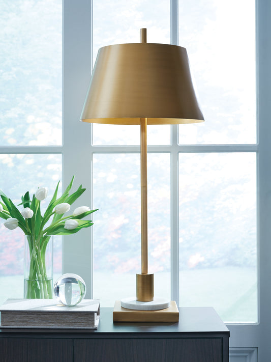 Haines Furniture Outlet - Ashley Furniture - Fritzburn Lighting - Metal Table Lamp (1/CN) / Gold Finish/White - L208444