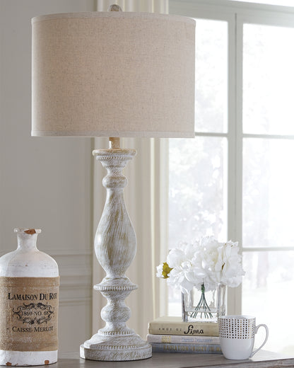 Haines Furniture Outlet - Ashley Furniture - Bernadate Lighting - Poly Table Lamp (Set of 2) / Whitewash - L235344