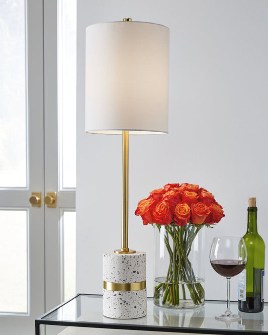 Haines Furniture Outlet - Ashley Furniture - Maywick Lighting - Table Lamp (Set of 2) / White/Brass Finish - L235674X2