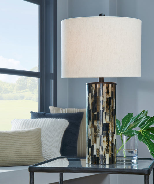 Haines Furniture Outlet - Ashley Furniture - Ellford Lighting - Poly Table Lamp (1/CN) / Black/Brown/Cream - L235684