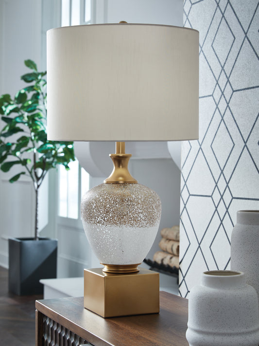Haines Furniture Outlet - Ashley Furniture - Tavisburg Lighting - Glass Table Lamp (1/CN) / Brown/White/Gold - L430894