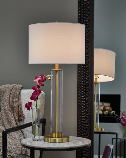 Haines Furniture Outlet - Ashley Furniture - Orenman Lighting - Glass Table Lamp (Set of 2) / Clear/Brass Finish - L431584
