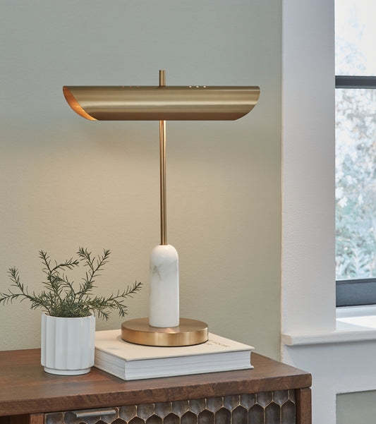 Haines Furniture Outlet - Ashley Furniture - Rowleigh Lighting - Marble Desk Lamp (1/CN) / Gold Finish/White - L734392