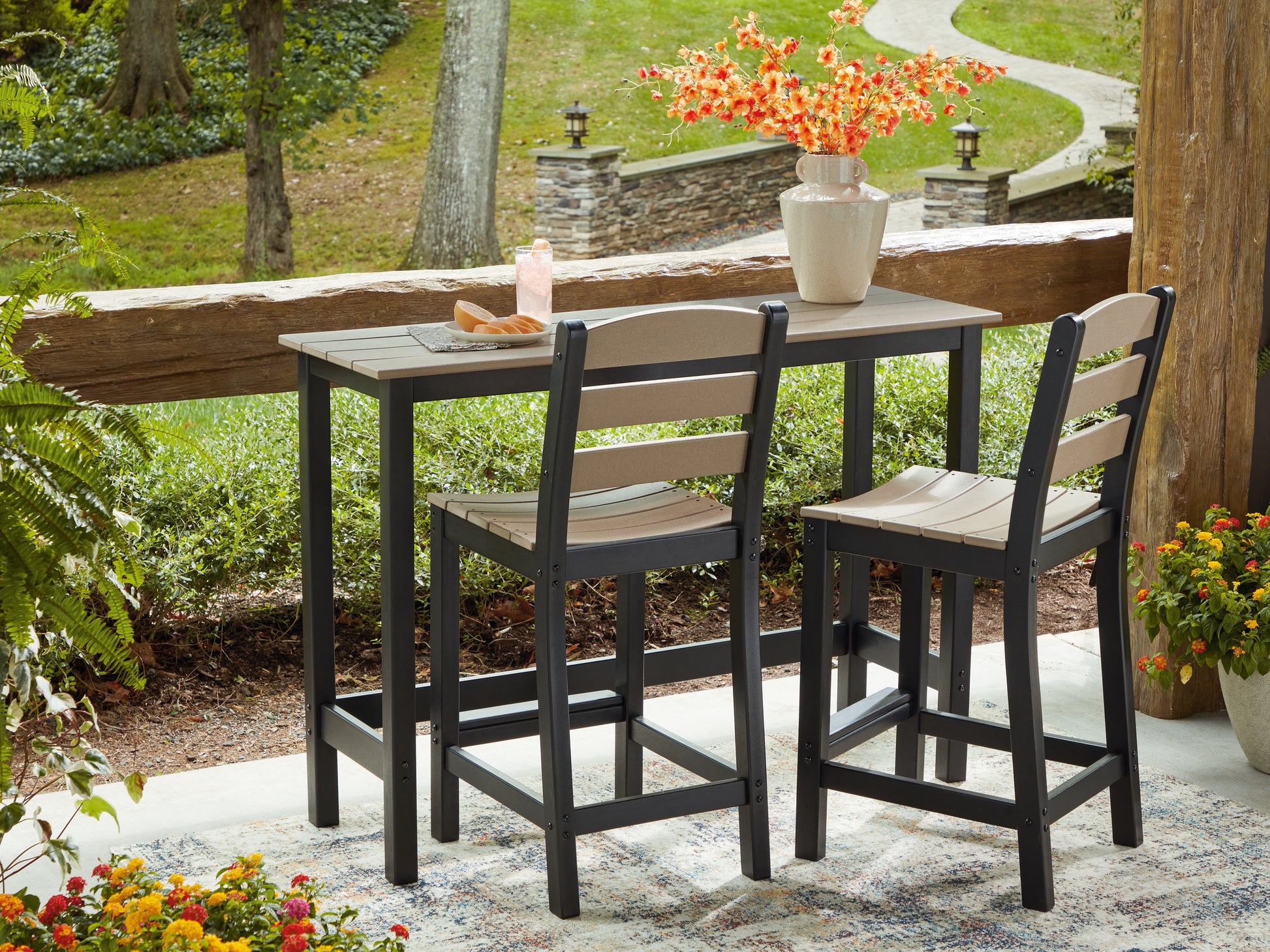 Haines Furniture Outlet - Ashley Furniture - Shoreline Beach Outdoor - Counter Table Set (3/CN) / Black/Beige - PCP221-113