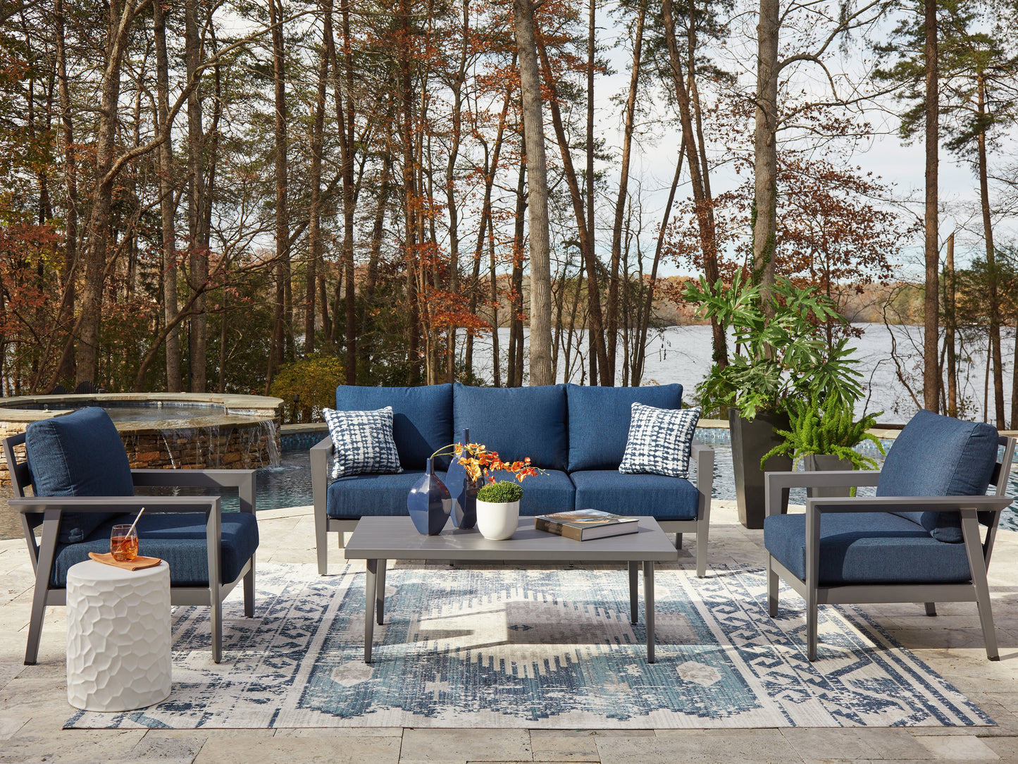 Haines Furniture Outlet - Ashley Furniture - Gali Outdoor - Sofa/Chairs/Table Set (4/CN) / Gray/Blue - P275-081