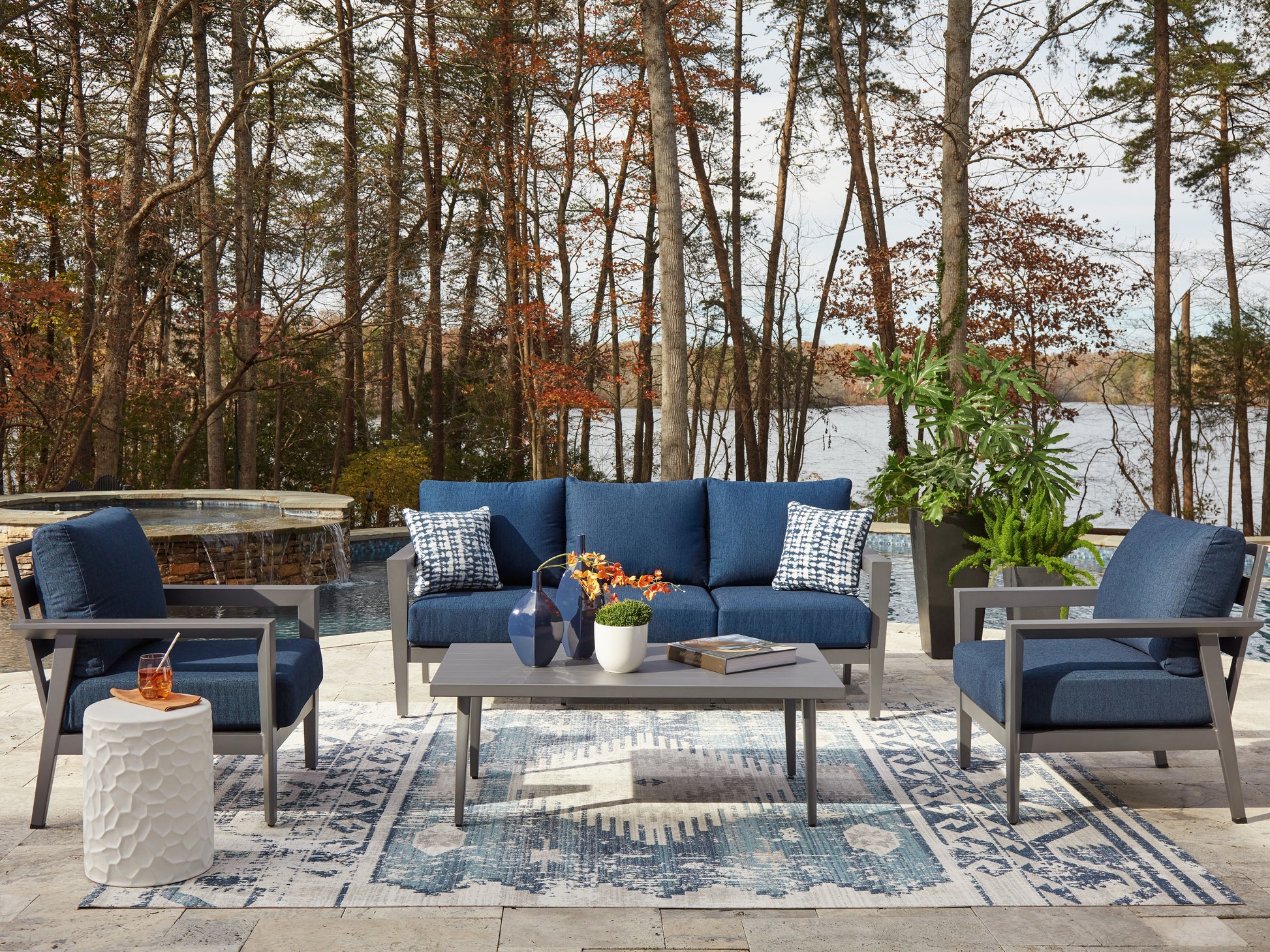 Haines Furniture Outlet - Ashley Furniture - Gali Outdoor - Sofa/Chairs/Table Set (4/CN) / Gray/Blue - P275-081