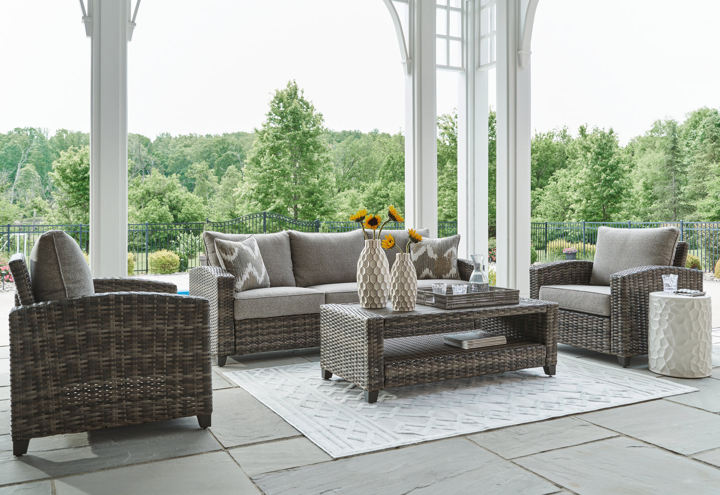 Haines Furniture Outlet - Ashley Furniture - Oasis Court Outdoor - Sofa/Chairs/Table Set (4/CN) / Gray - P335-081