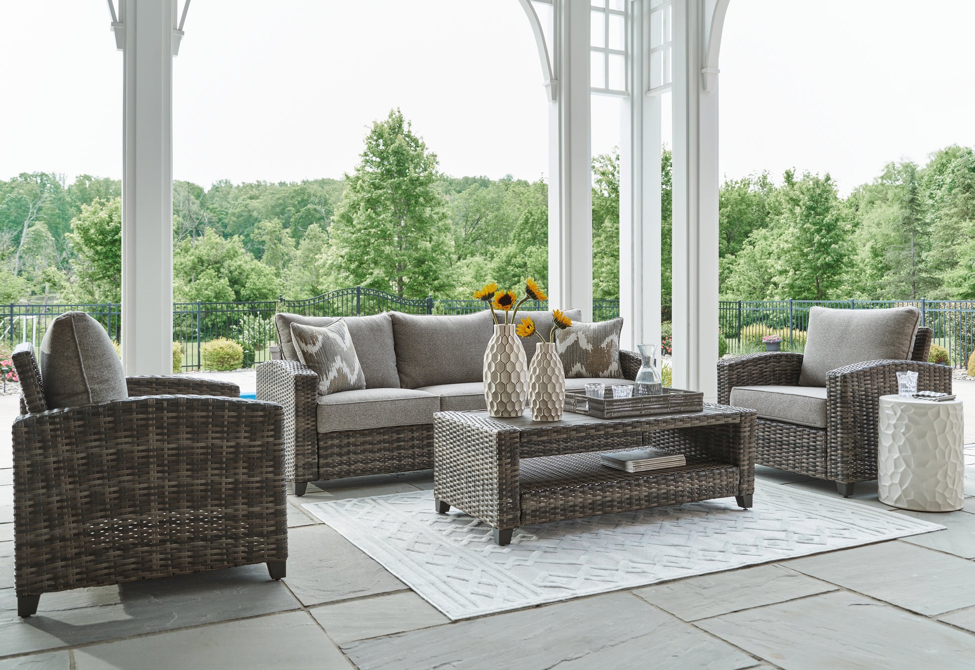 Haines Furniture Outlet - Ashley Furniture - Oasis Court Outdoor - Sofa/Chairs/Table Set (4/CN) / Gray - P335-081