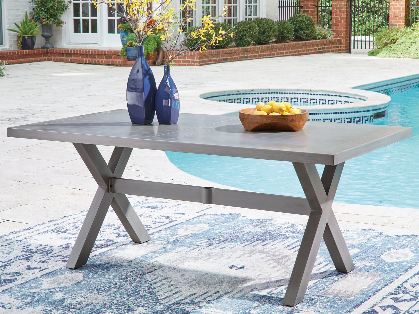 Haines Furniture Outlet - Ashley Furniture - Half Moon Beach Outdoor - RECT Dining Table w/UMB OPT / Gray - PCP418-625
