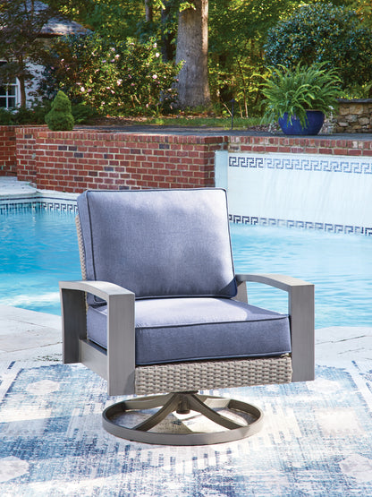 Haines Furniture Outlet - Ashley Furniture - Half Moon Beach Outdoor - Swivel Lounge w/ Cushion / Blue/Gray - PCP418-821