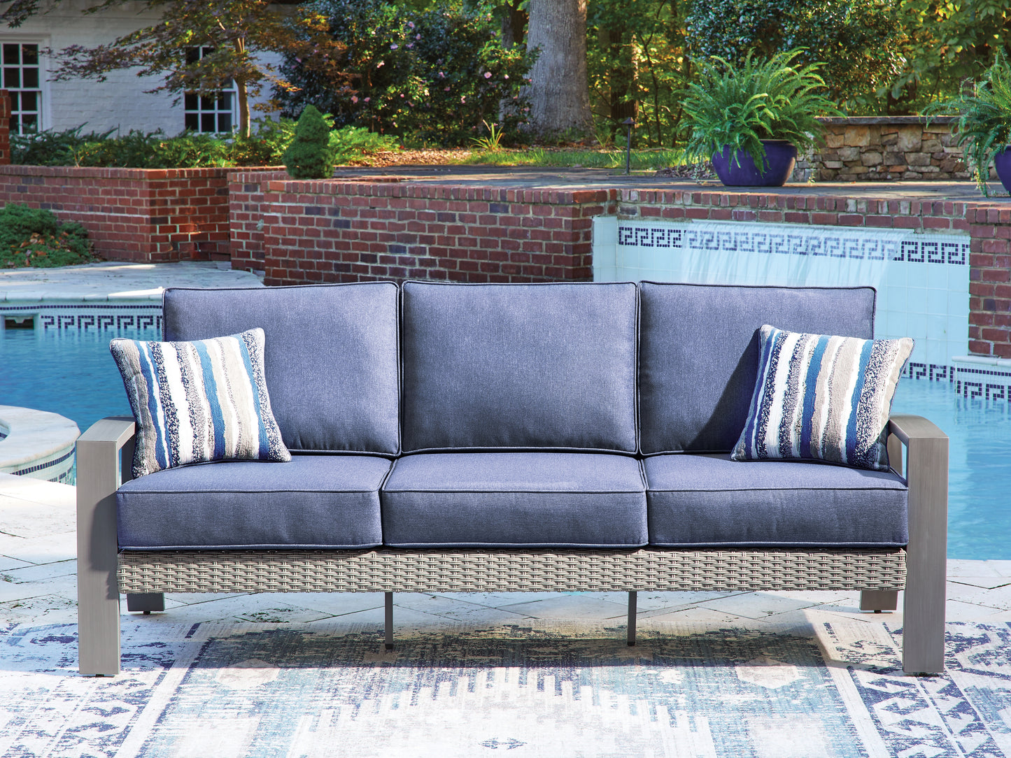 Haines Furniture Outlet - Ashley Furniture - Half Moon Beach Outdoor - Sofa with Cushion / Blue/Gray - PCP418-838