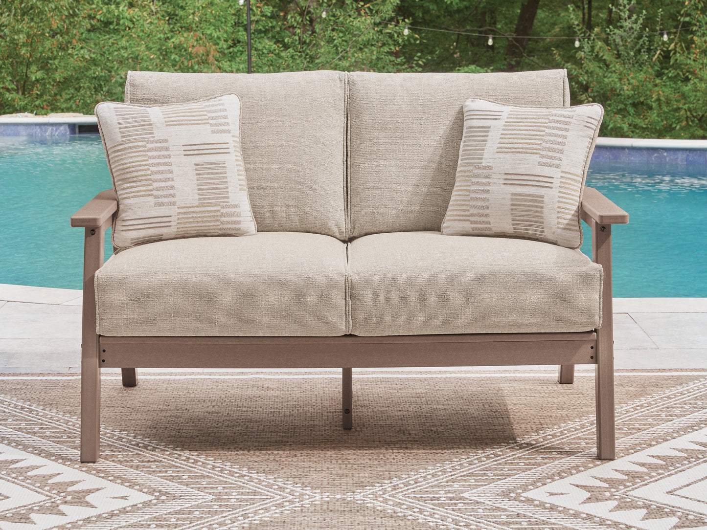 Haines Furniture Outlet - Ashley Furniture - Grover Beach Outdoor - Loveseat w/Cushion / Driftwood - PCP422-835