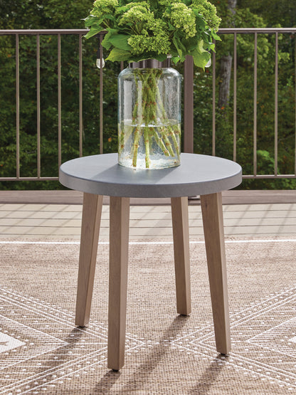 Haines Furniture Outlet - Ashley Furniture - Harmony Headlands Outdoor - Round End Table / Natural/Gray - PCP428-706
