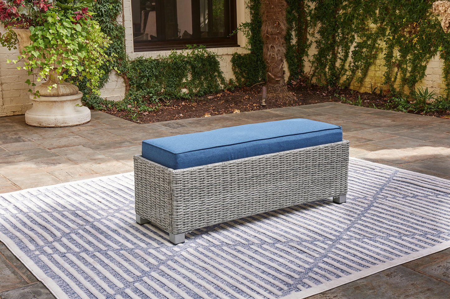 Haines Furniture Outlet - Ashley Furniture - Naples Beach Outdoor - Bench with Cushion / Light Gray - P439-600