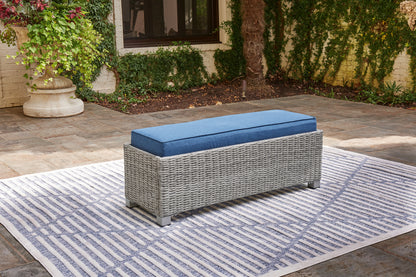 Haines Furniture Outlet - Ashley Furniture - Naples Beach Outdoor - Bench with Cushion / Light Gray - P439-600