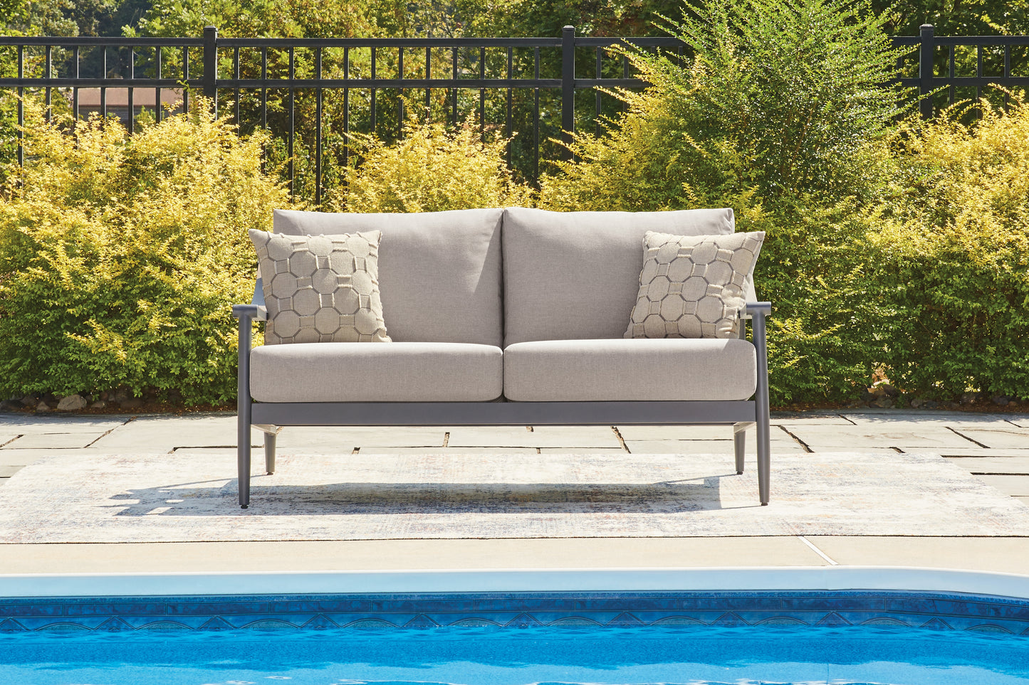 Haines Furniture Outlet - Ashley Furniture - Ocean Beach Outdoor - Loveseat w/Cushion / Gray - PCP510-835