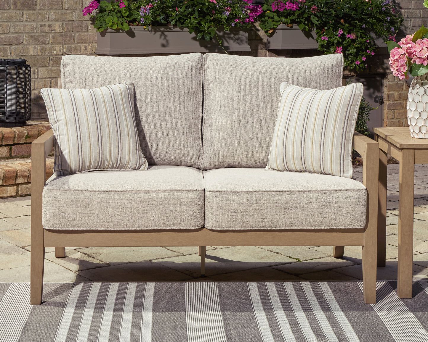 Haines Furniture Outlet - Ashley Furniture - Hallow Creek Outdoor - Loveseat w/Cushion / Driftwood - P560-835